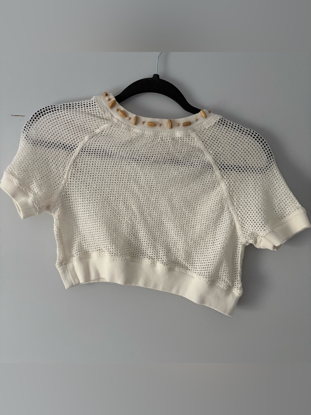 Free People Women's Cream Cropped Open-Knit Sweater with Bead Detail